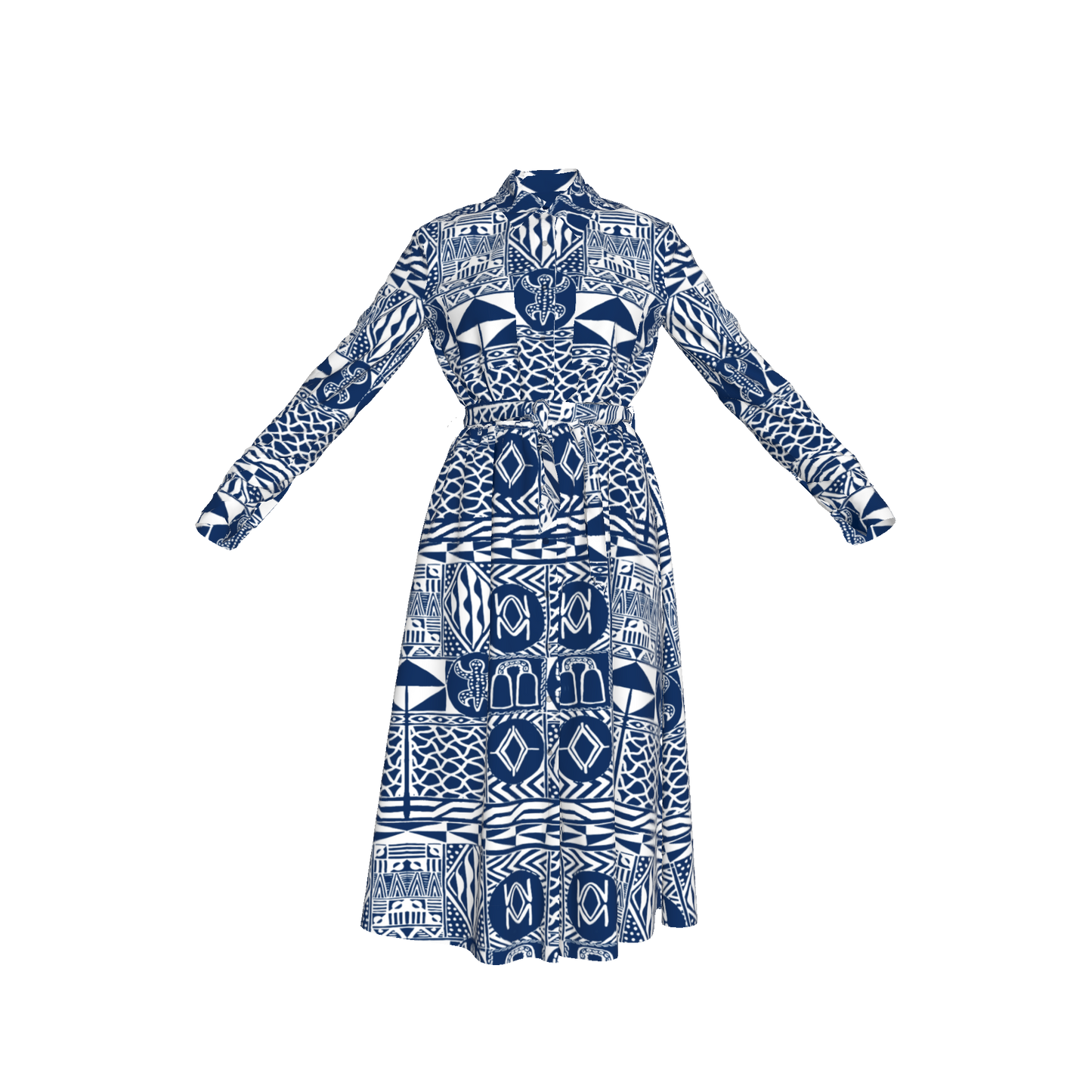 Front flat lay of cotton shirt dress with button-down detail and waist seam