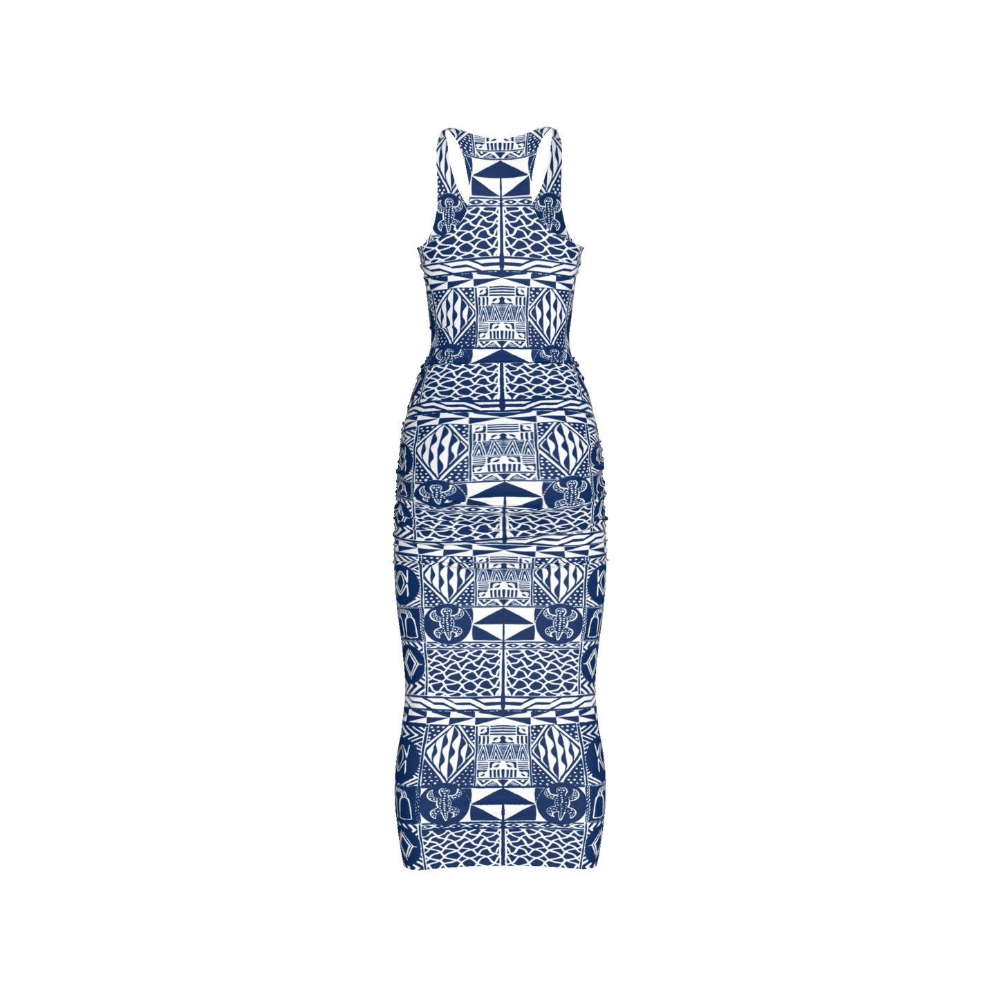 Back view showing racer-style cut and pattern alignment