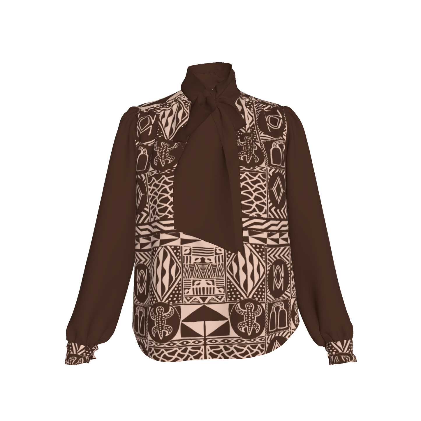 Flat lay of mocha silk blouse with African heritage print details