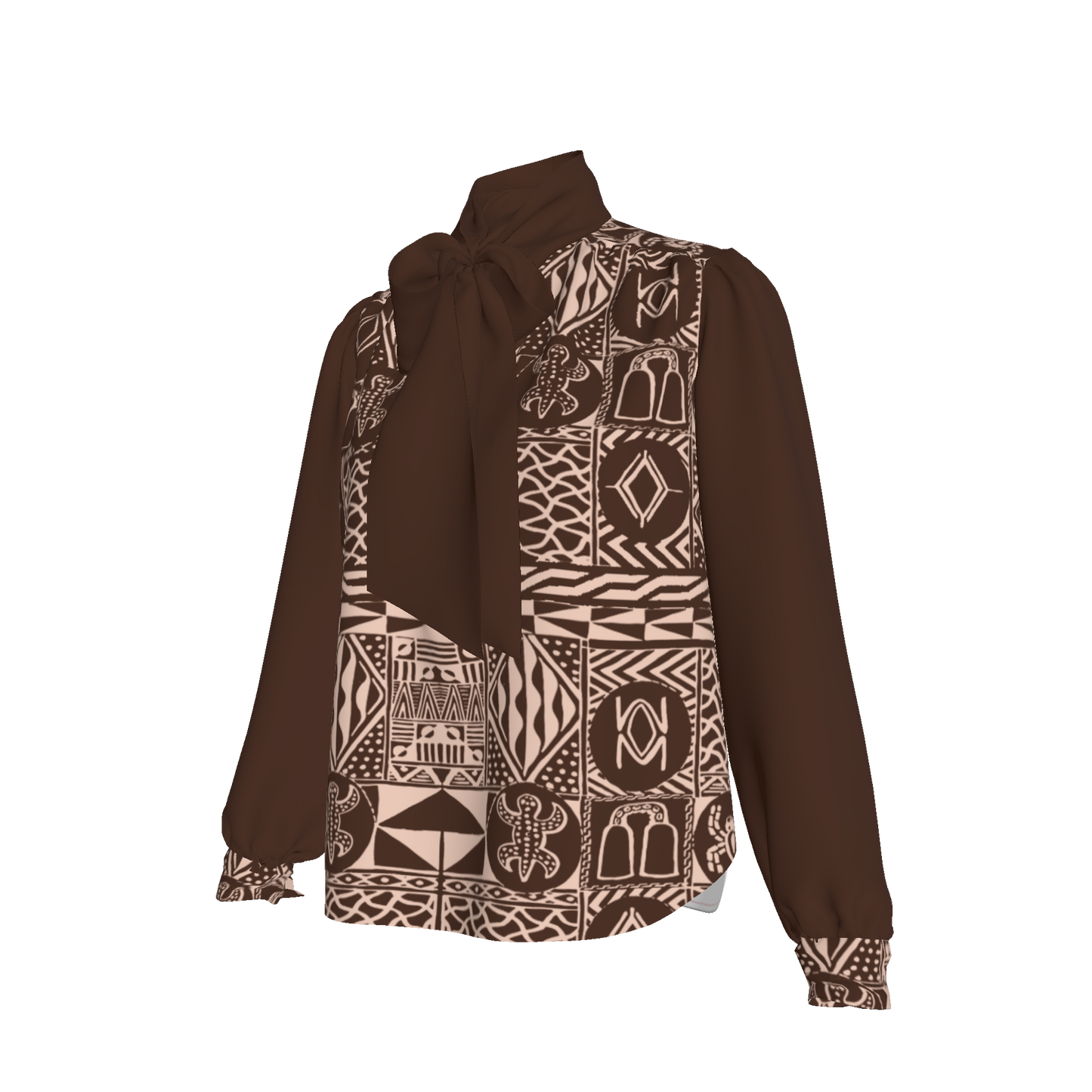 Side view of Kadji Teo blouse showing silk drape and printed sleeve