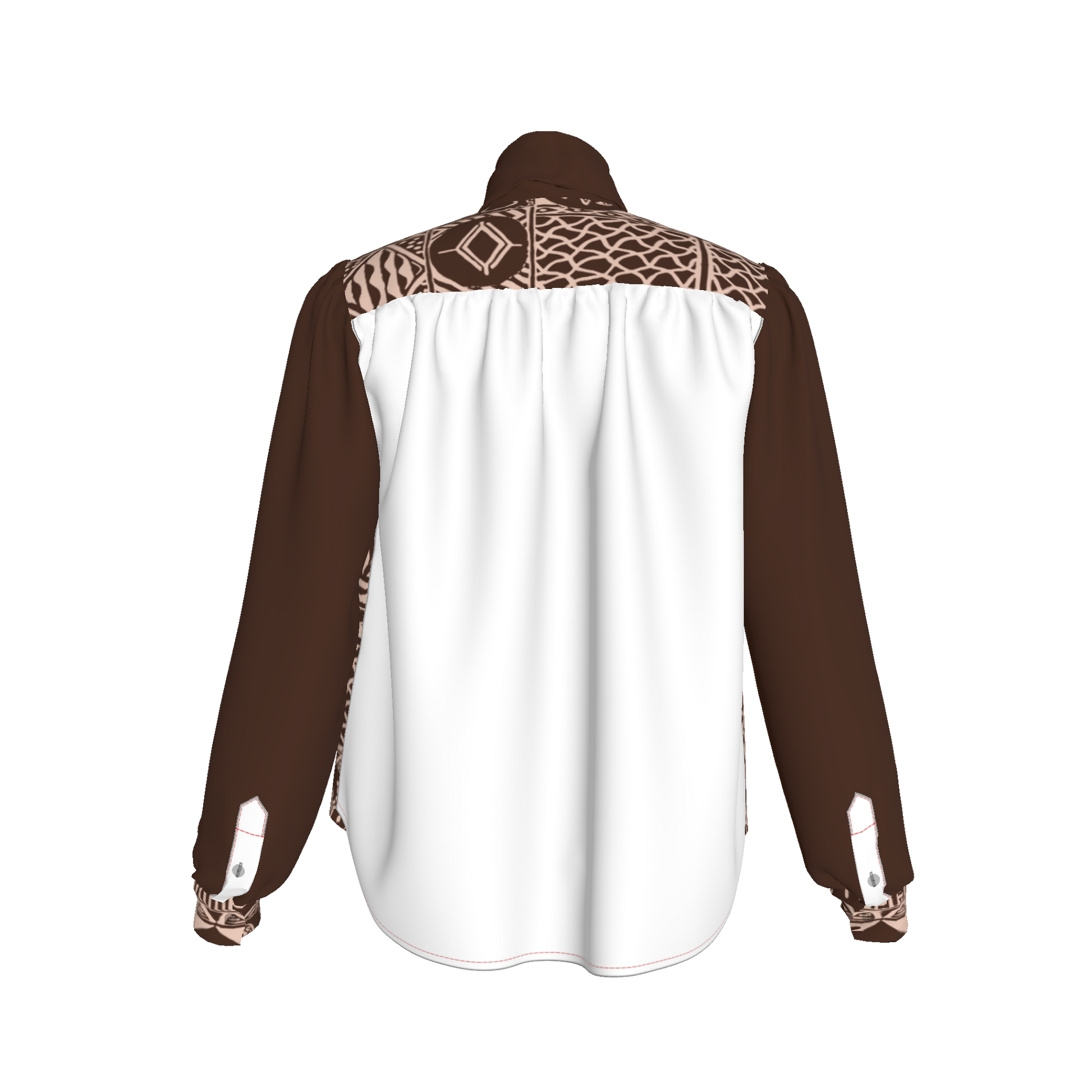 Back of blouse with white silk panel and rich color contrast