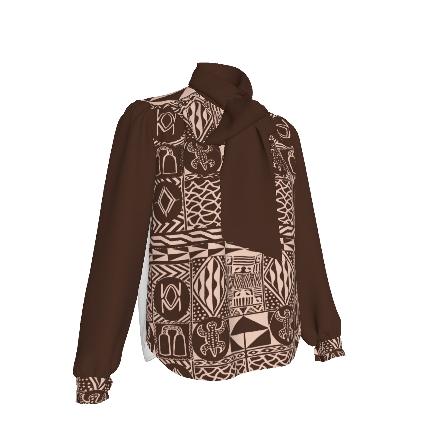 Close-up of patterned silk front and clean tailoring details