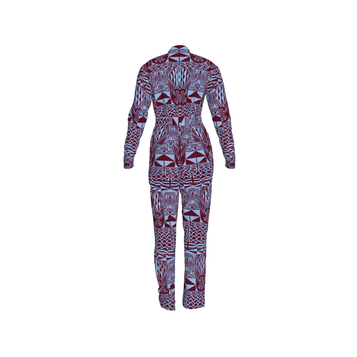 Back view of Moyouo Jumpsuit with collar and structured cuffs