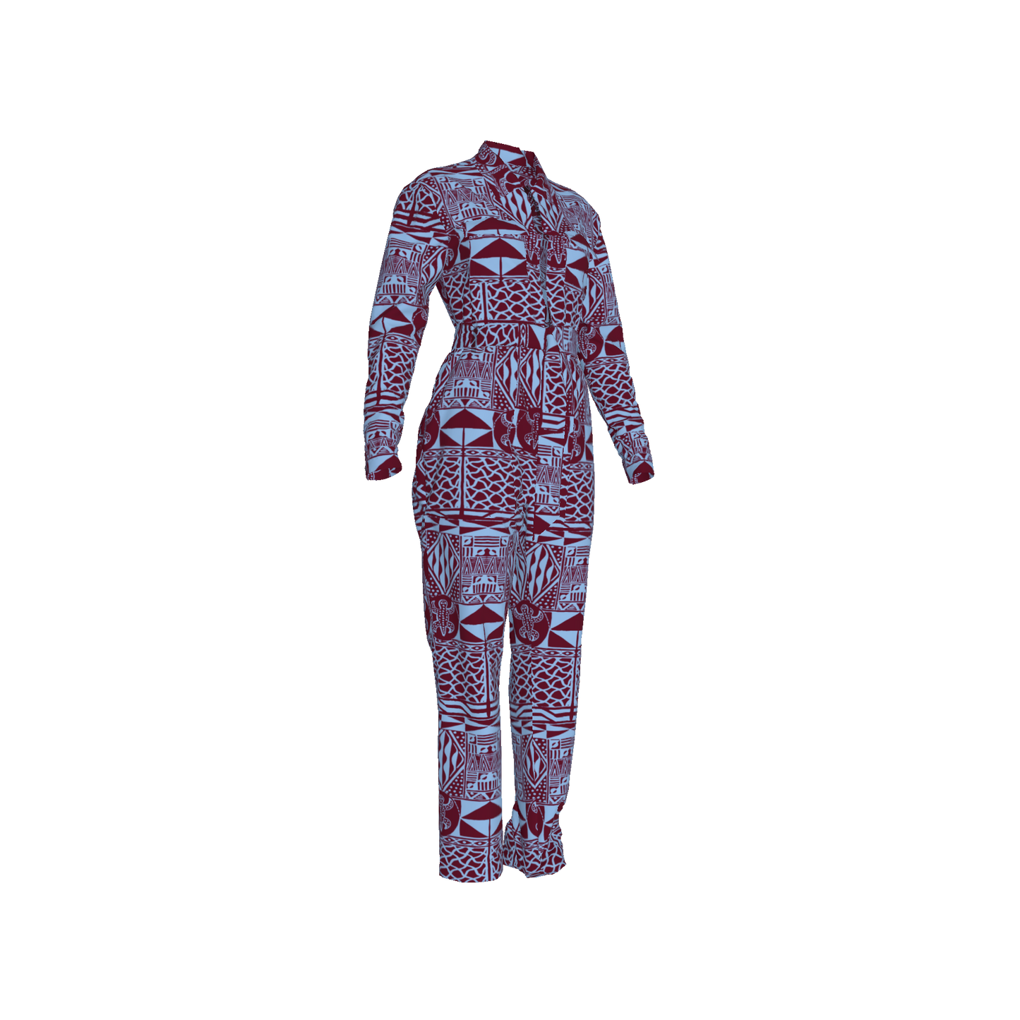 Flat lay of organic cotton jumpsuit in bold burgundy and indigo design