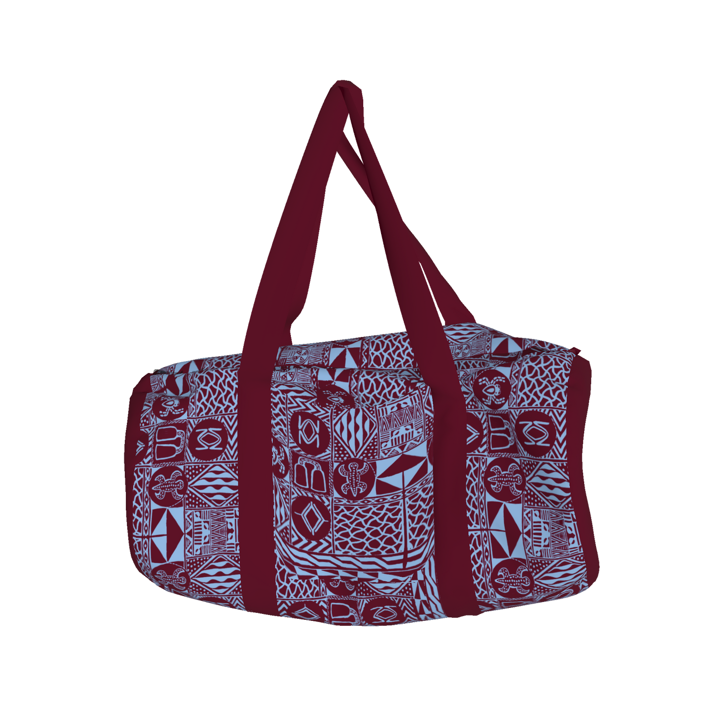 Front view of duffle bag with burgundy straps and bold print