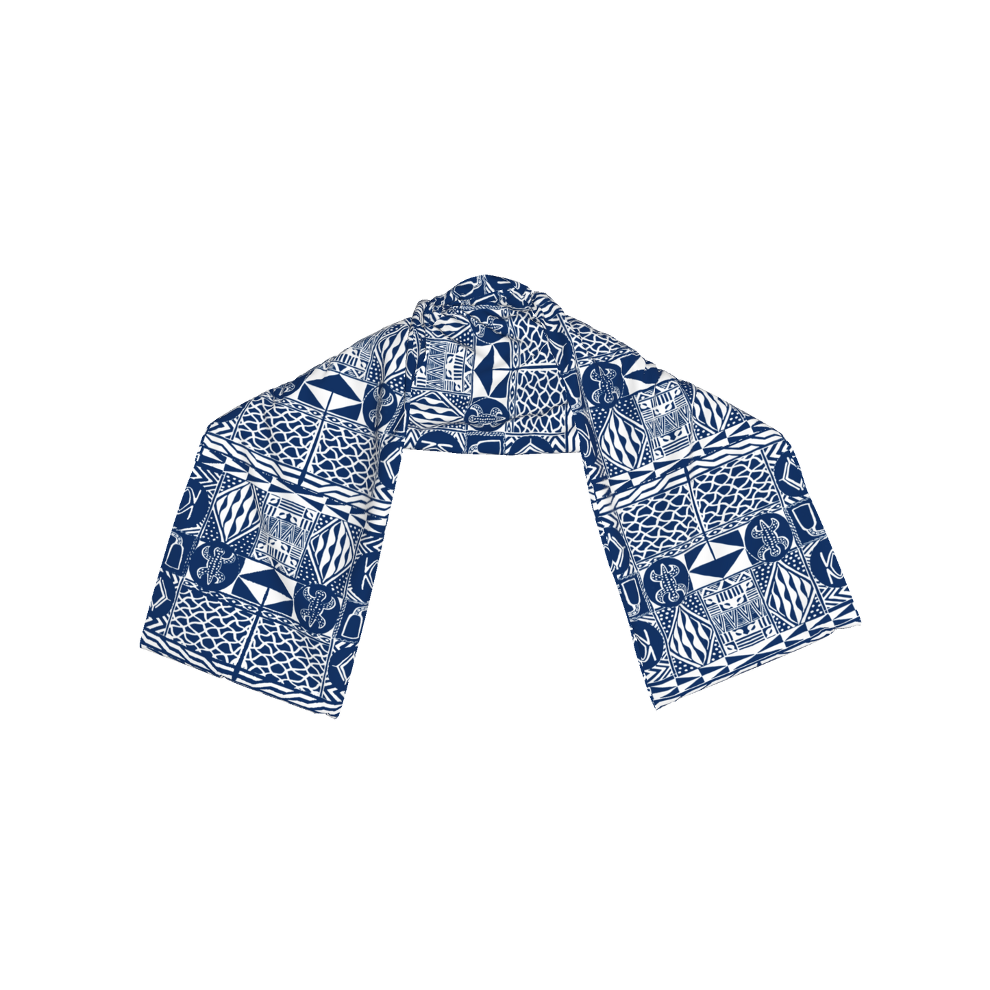 Flat lay of silk-cotton African print scarf in blue and white