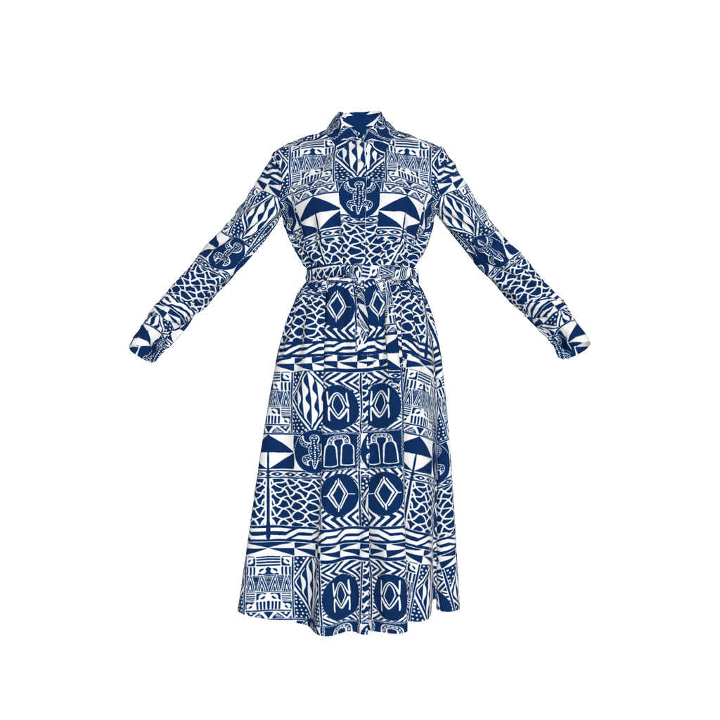 Front flat lay of cotton shirt dress with button-down detail and waist seam