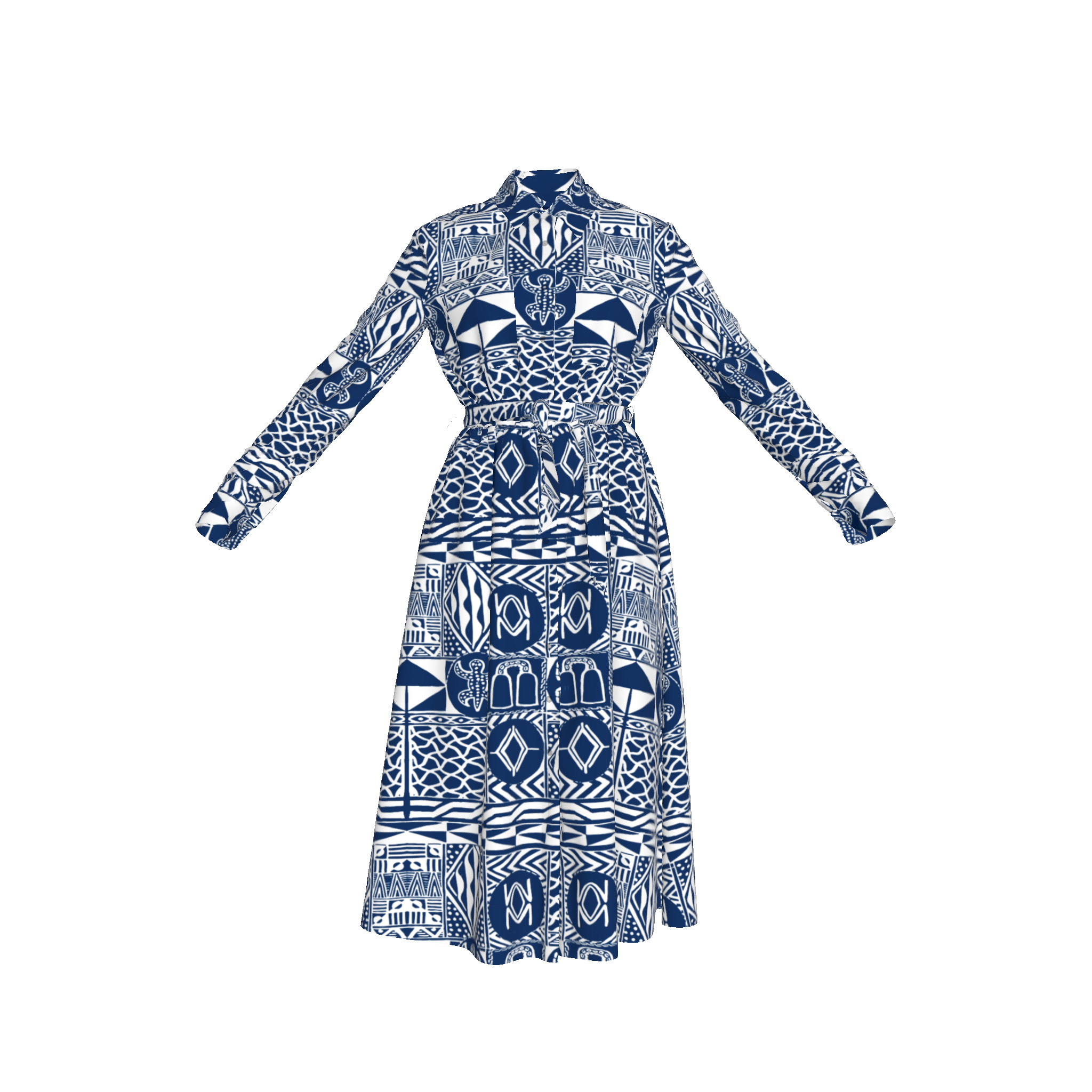 Front flat lay of cotton shirt dress with button-down detail and waist seam