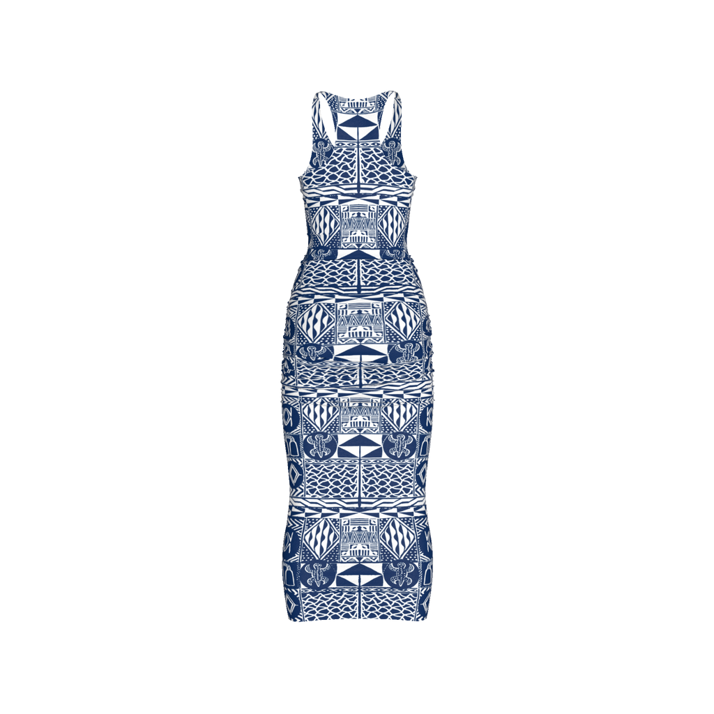 Back view showing racer-style cut and pattern alignment
