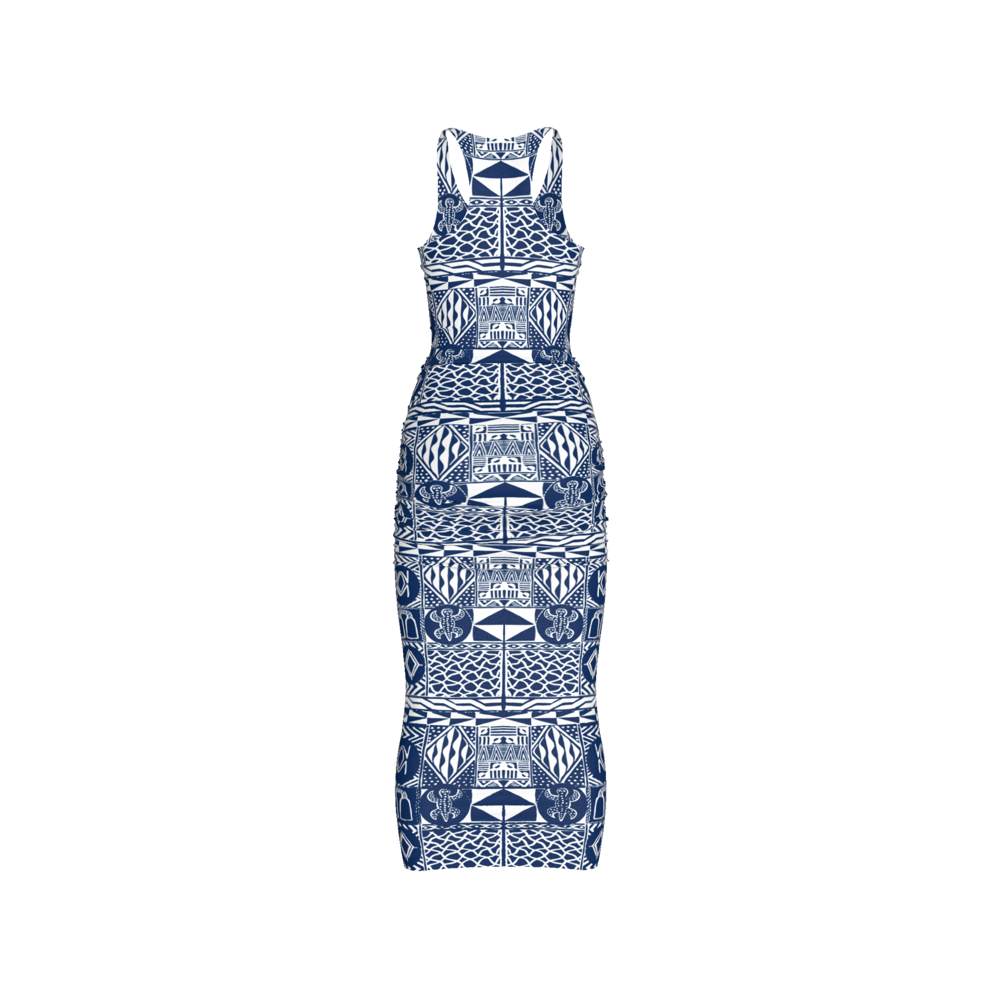Back view showing racer-style cut and pattern alignment