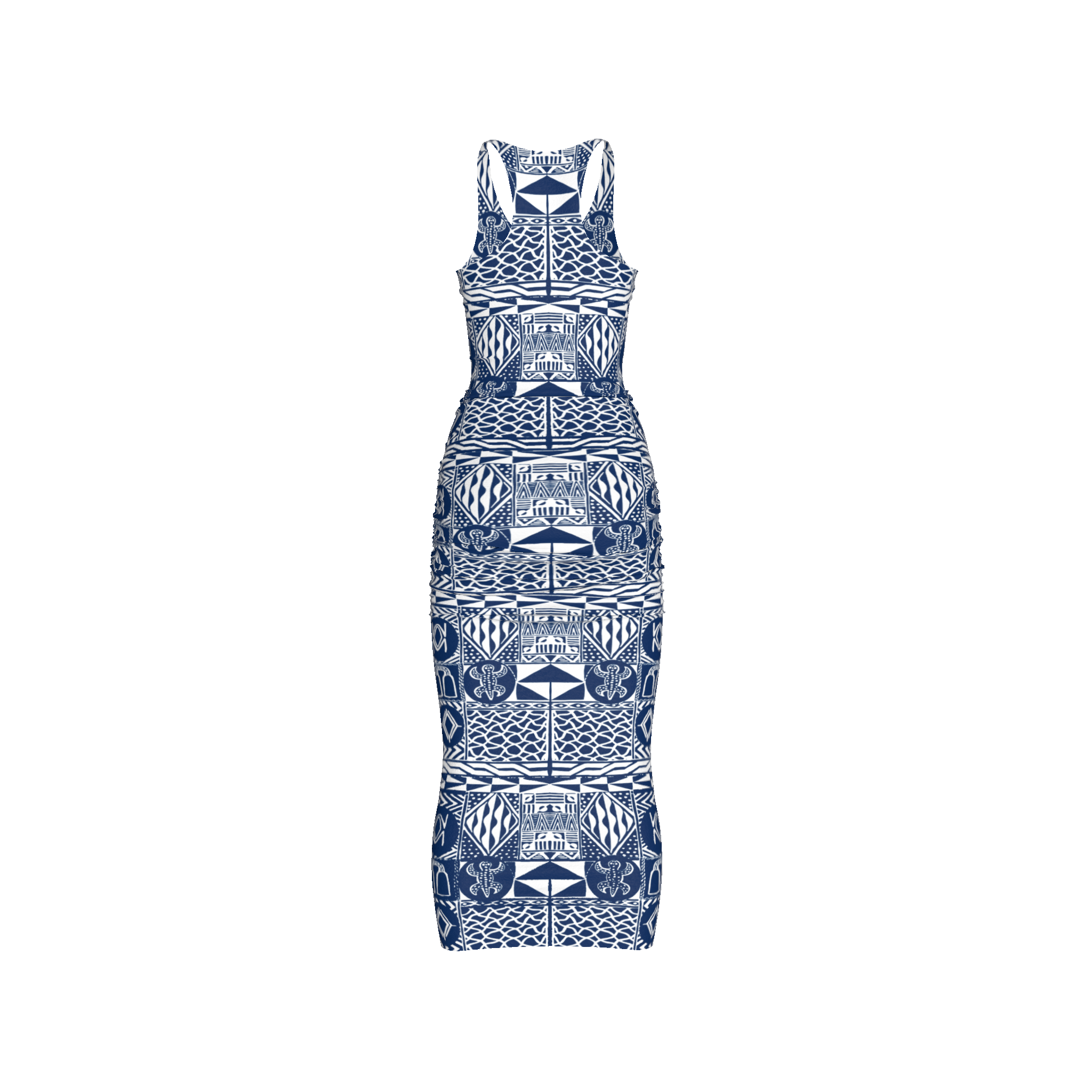 Back view showing racer-style cut and pattern alignment