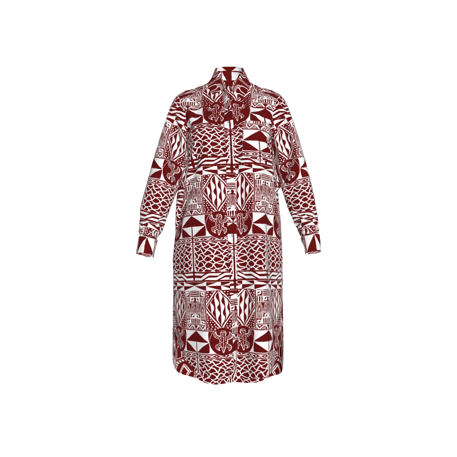 Front view of Foumban Shirt Dress laid flat, showcasing heritage print
