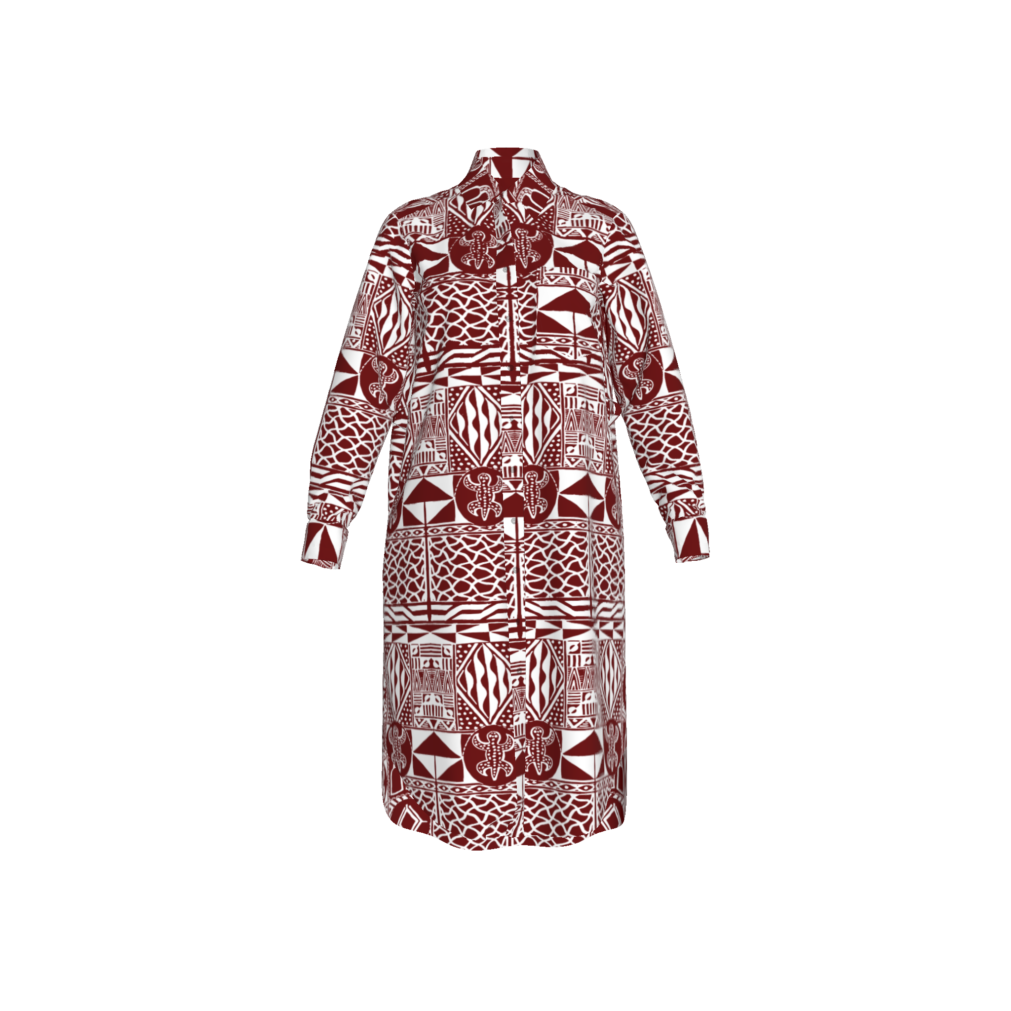 Front view of Foumban Shirt Dress laid flat, showcasing heritage print