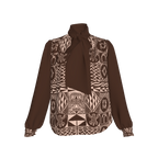 Flat lay of mocha silk blouse with African heritage print details