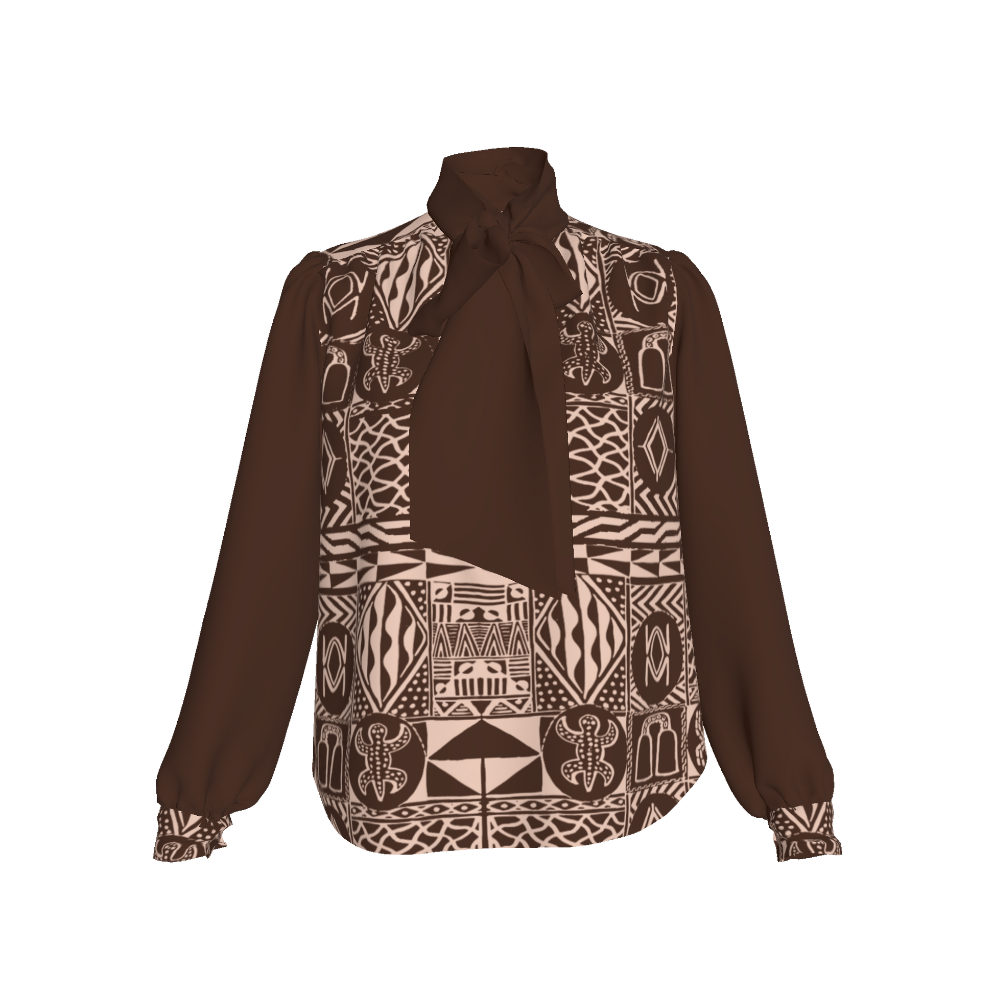 Flat lay of mocha silk blouse with African heritage print details