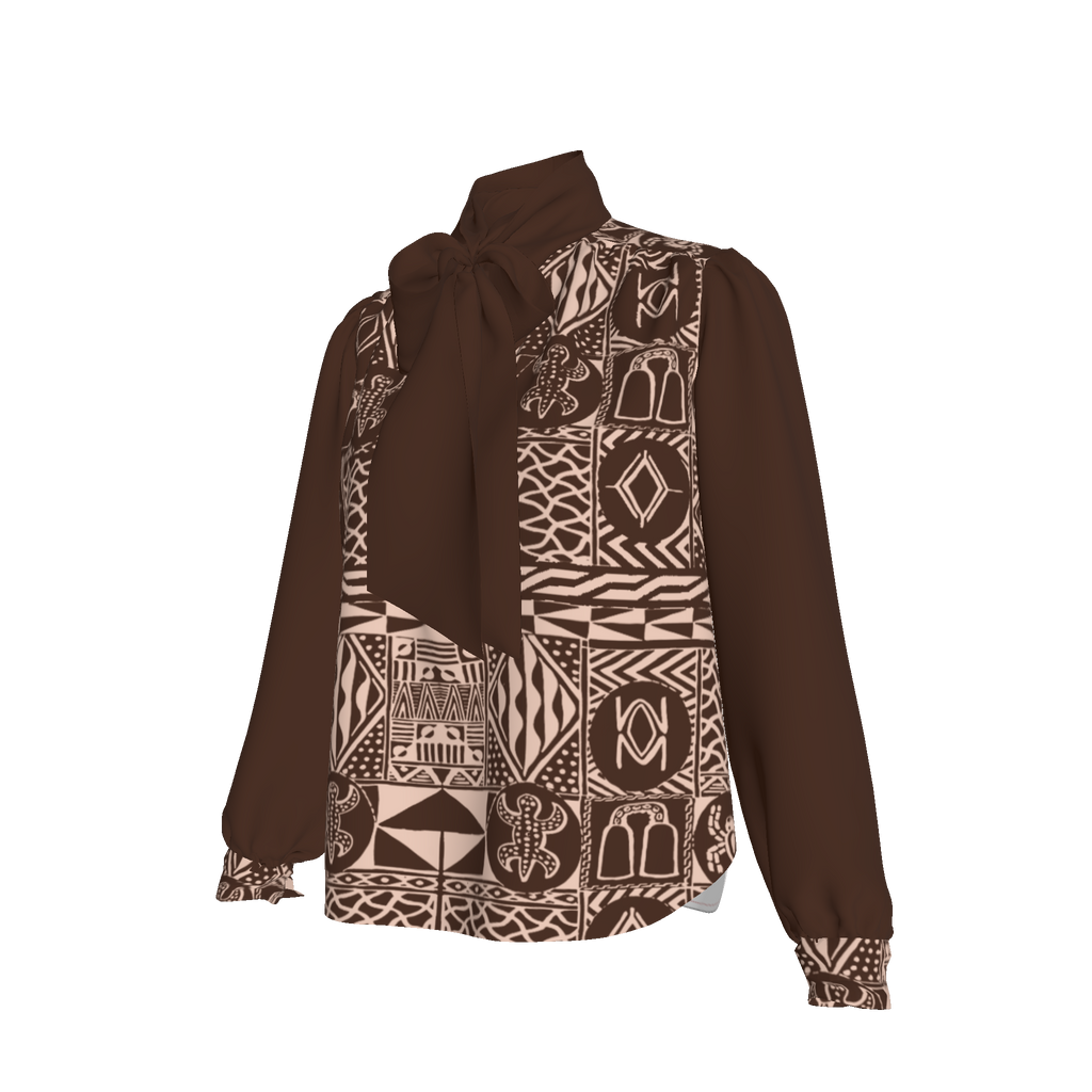 Side view of Kadji Teo blouse showing silk drape and printed sleeve