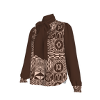 Side view of Kadji Teo blouse showing silk drape and printed sleeve