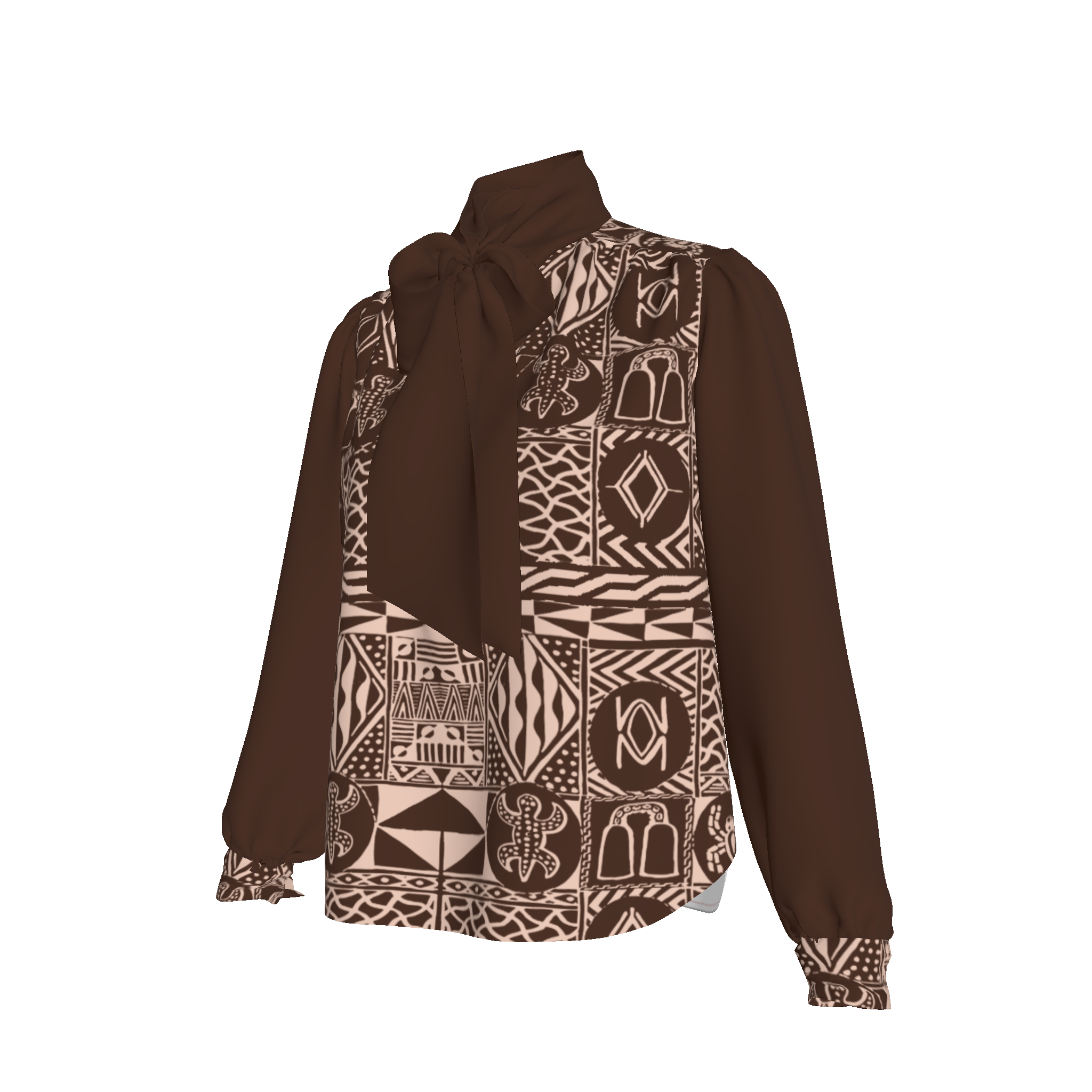 Side view of Kadji Teo blouse showing silk drape and printed sleeve