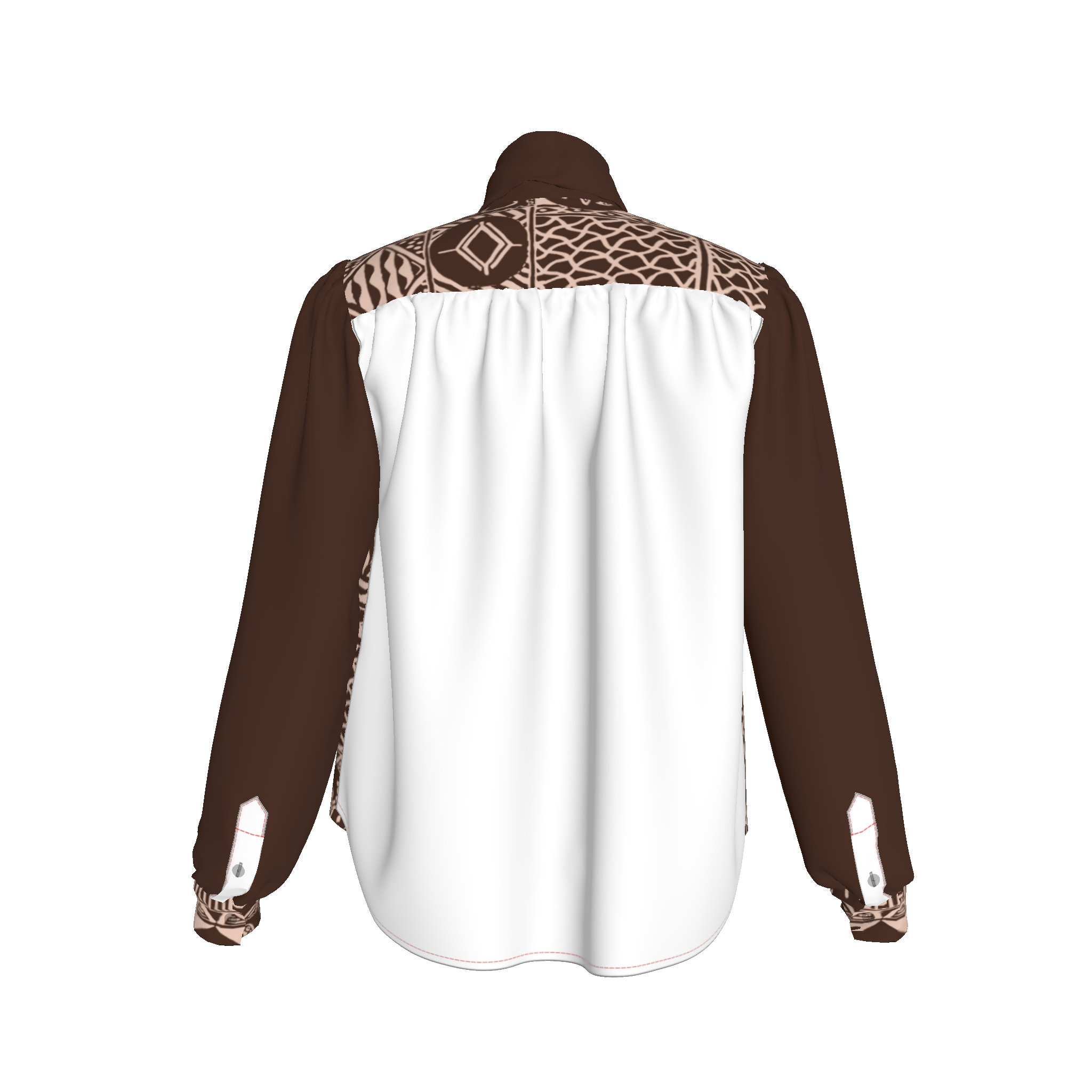 Back of blouse with white silk panel and rich color contrast
