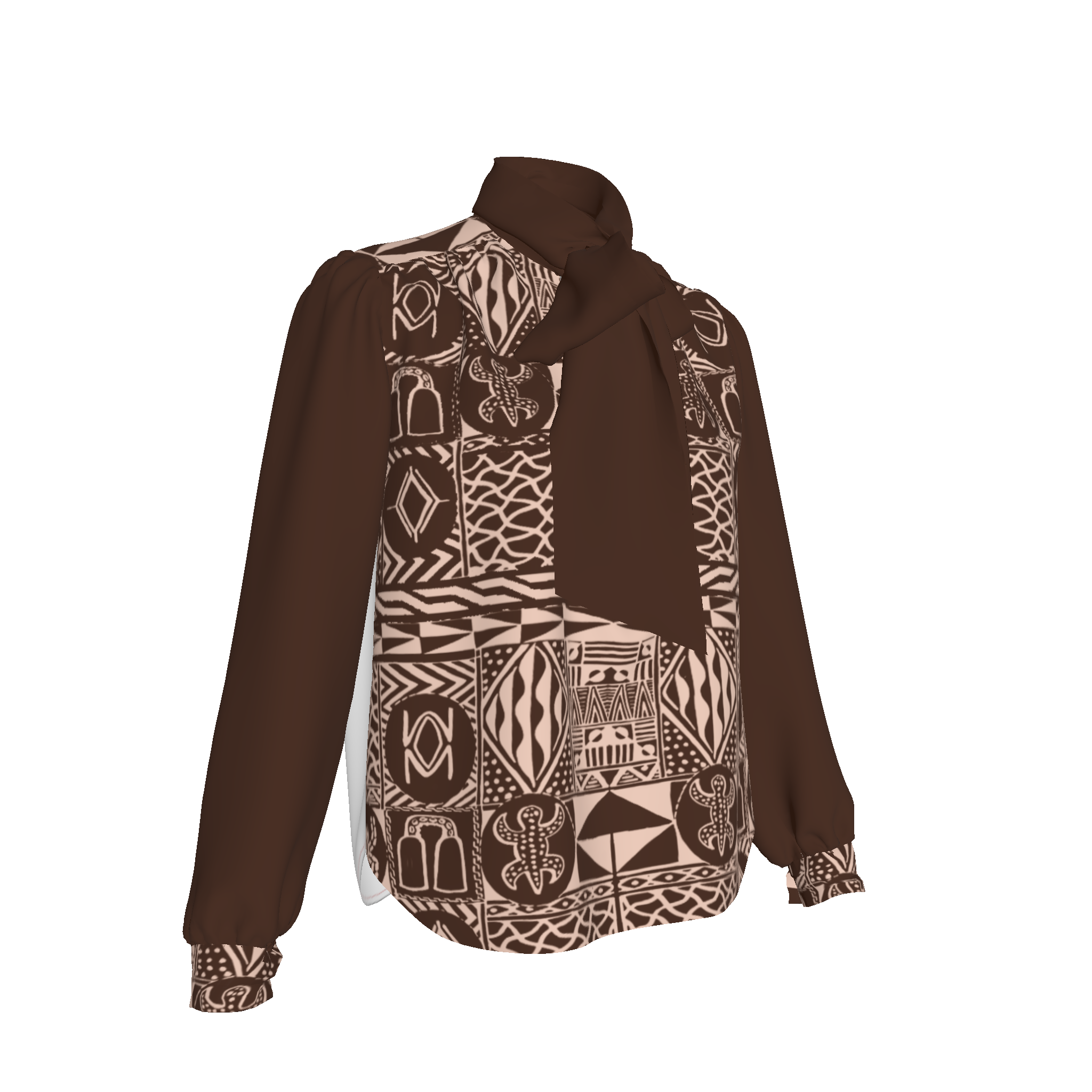 Close-up of patterned silk front and clean tailoring details