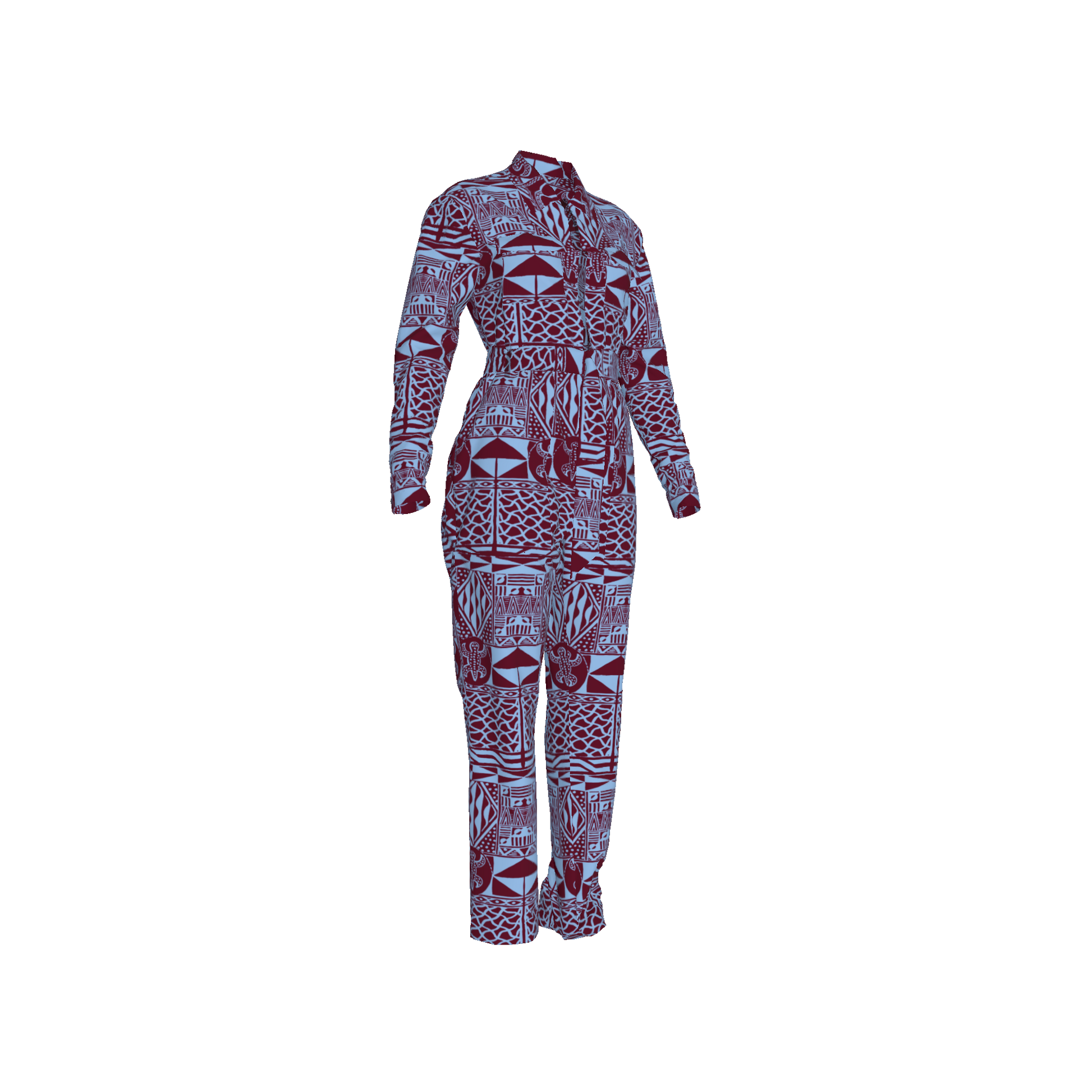 Flat lay of organic cotton jumpsuit in bold burgundy and indigo design