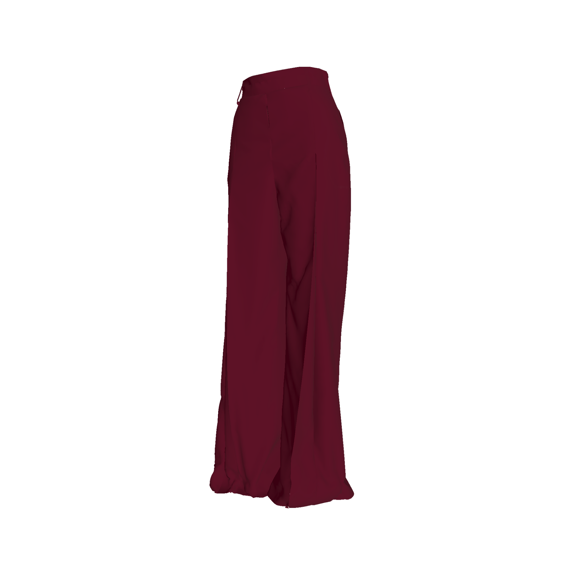 Side angle of pants highlighting wide-leg silhouette and fluid drape