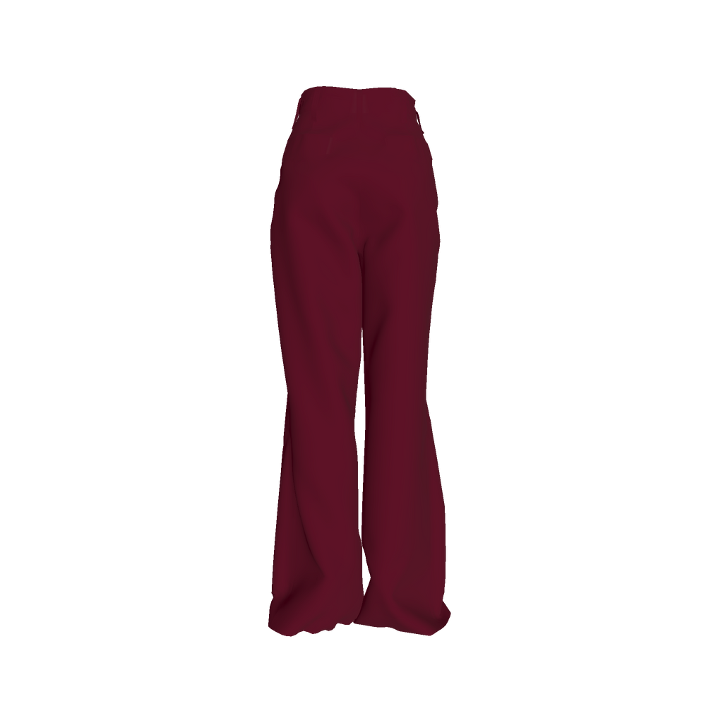 Back view of sustainable burgundy pants in soft, structured fabric