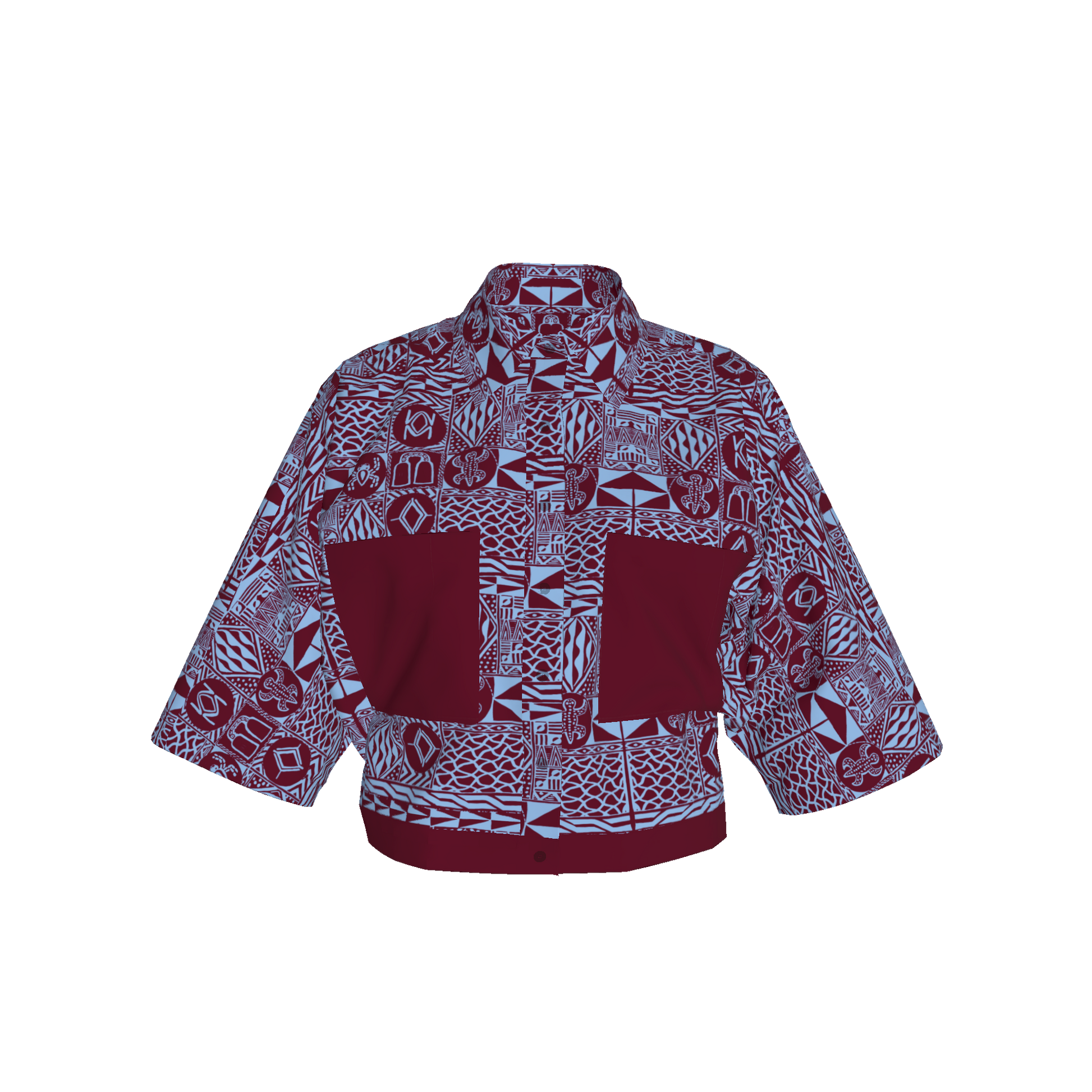 Front view of kimono sleeve shirt featuring structured silhouette and organic fabric