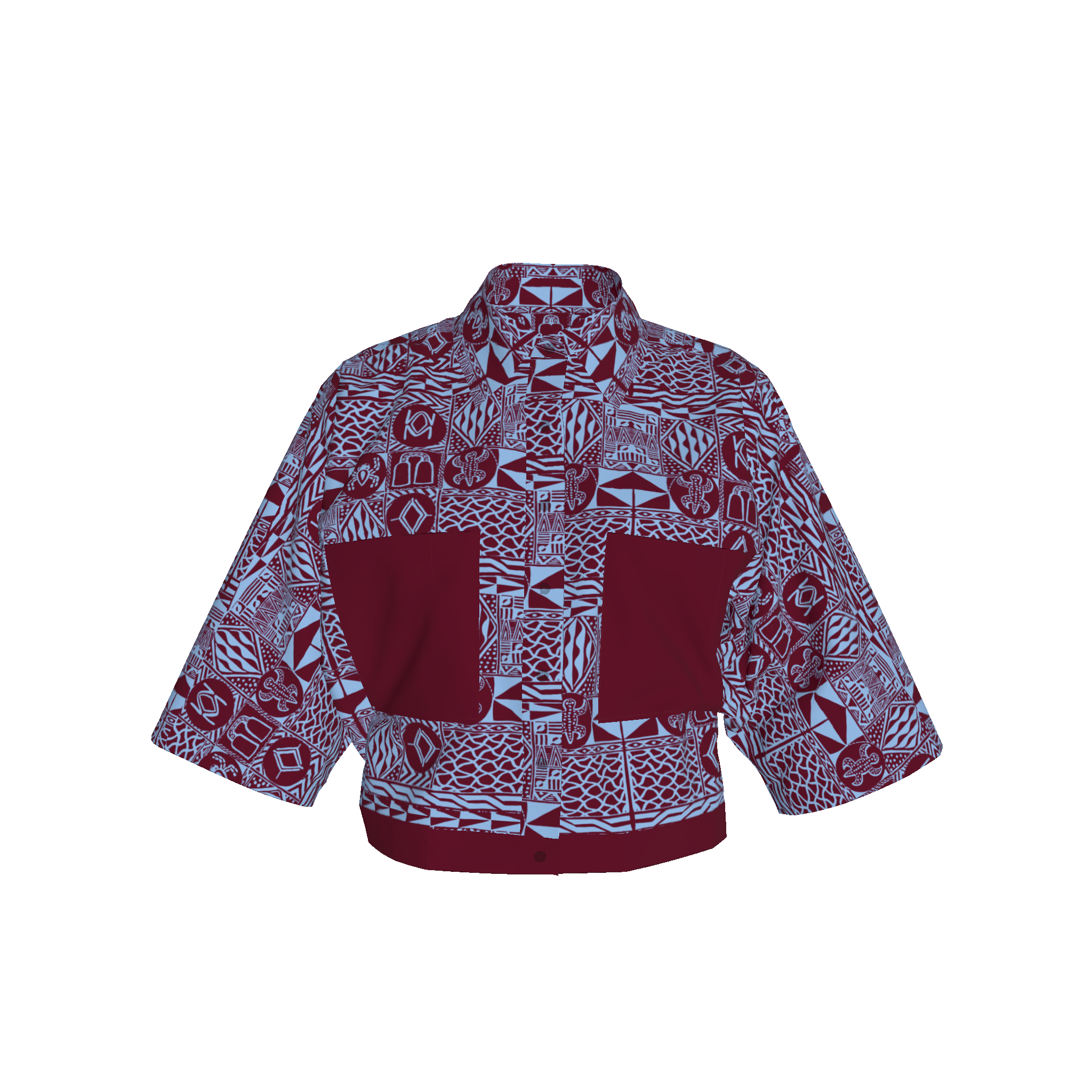 Front view of kimono sleeve shirt featuring structured silhouette and organic fabric
