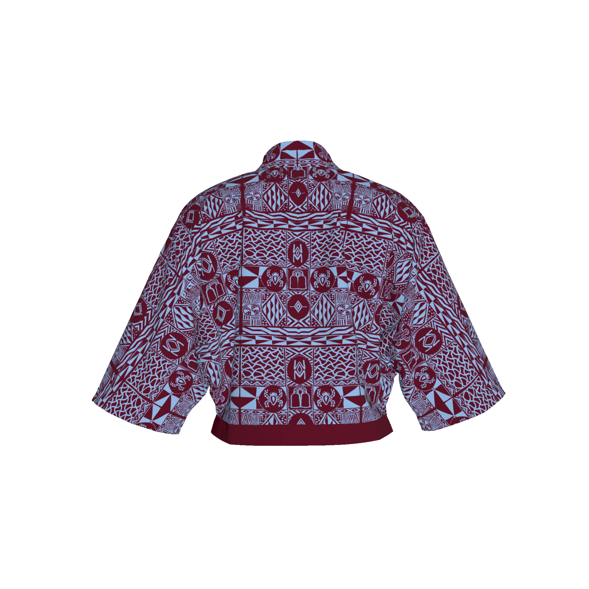 Back of Noumbissi shirt showing color-blocked detail and traditional African patterns