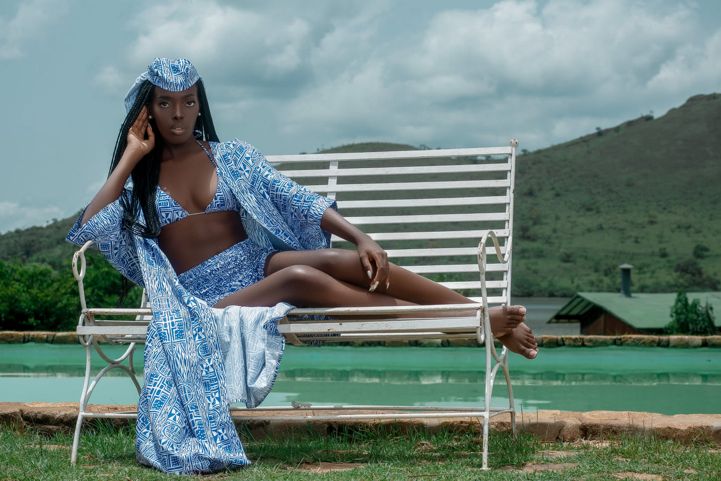 Blue Bami Swim Shorts, bra and Kimono set