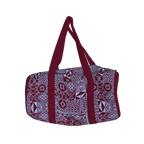 Front view of duffle bag with burgundy straps and bold print