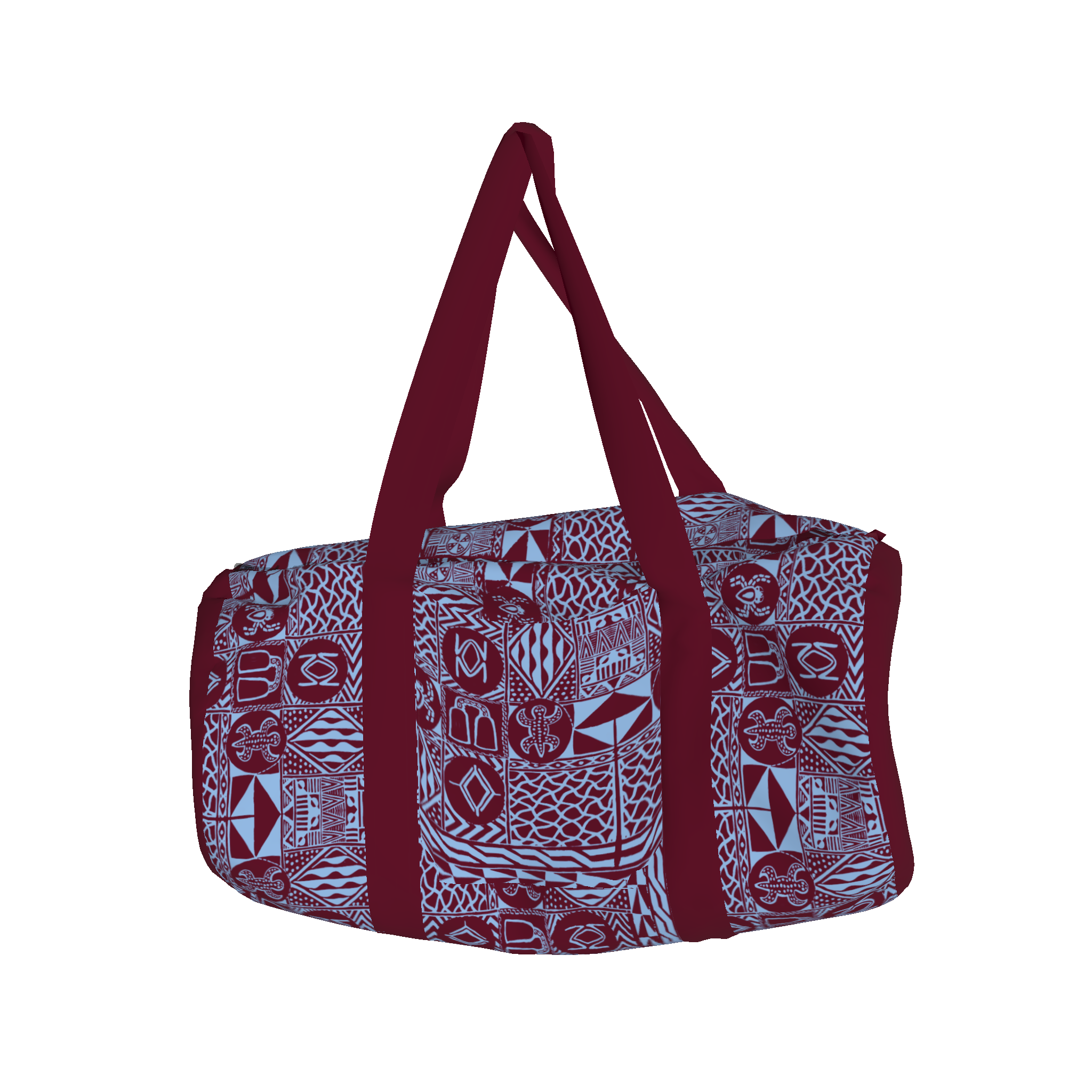 Front view of duffle bag with burgundy straps and bold print