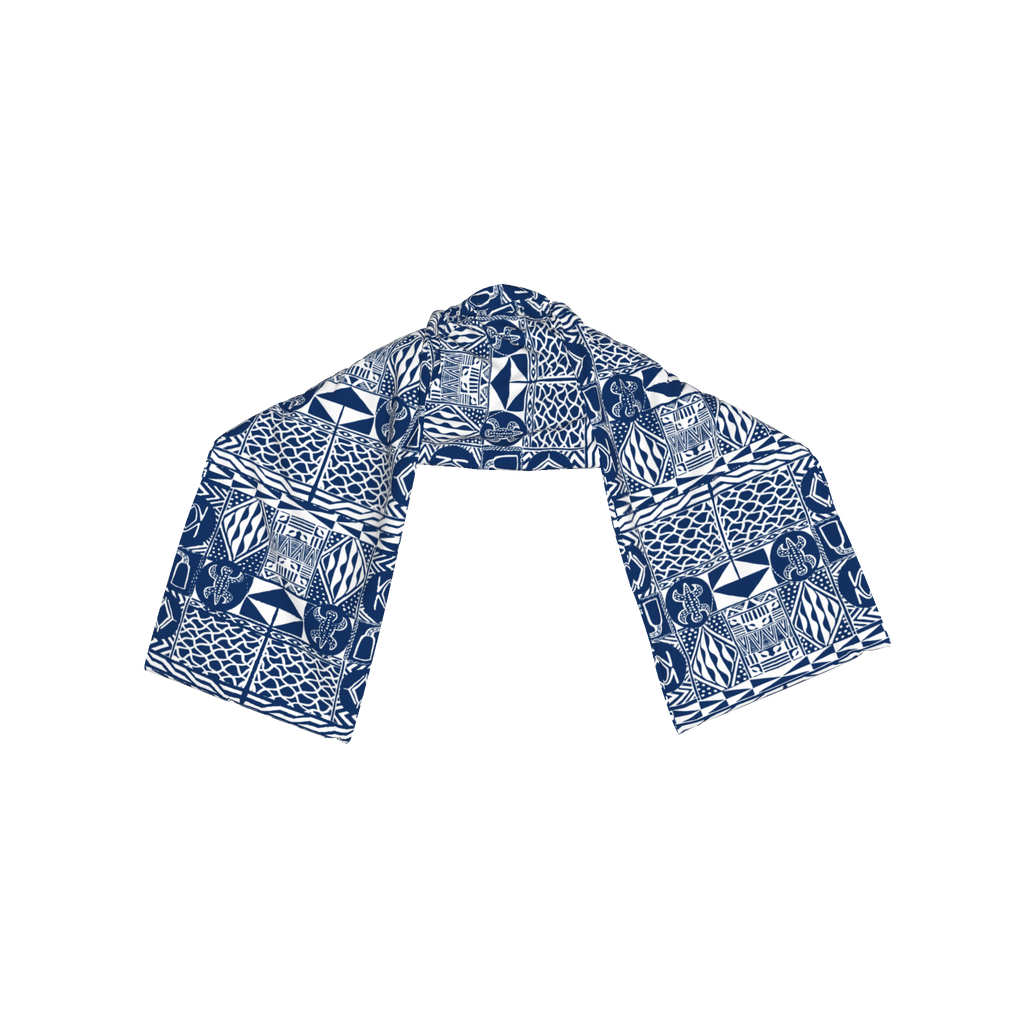 Flat lay of silk-cotton African print scarf in blue and white