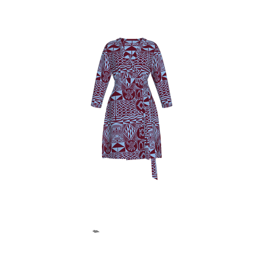 Njikam Wrap Dress in burgundy with heritage print, front view